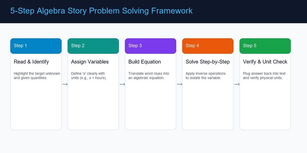How to solve algebra story problems step by step framework infographic